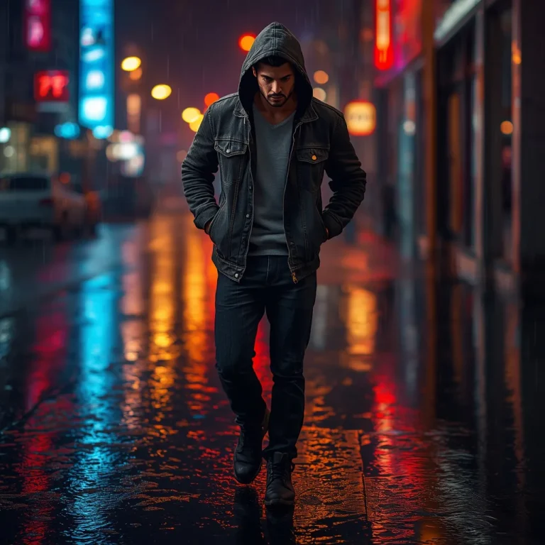 A Man in a Casual Hooded Jacket on a Rainy Street | ai selfie prompt