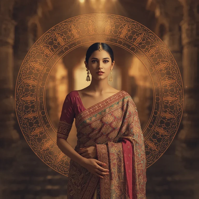 Ancient Indian Mandala Art Collage: Indian Woman in Sacred Geometry Fabrics | Indian Traditional Prompt