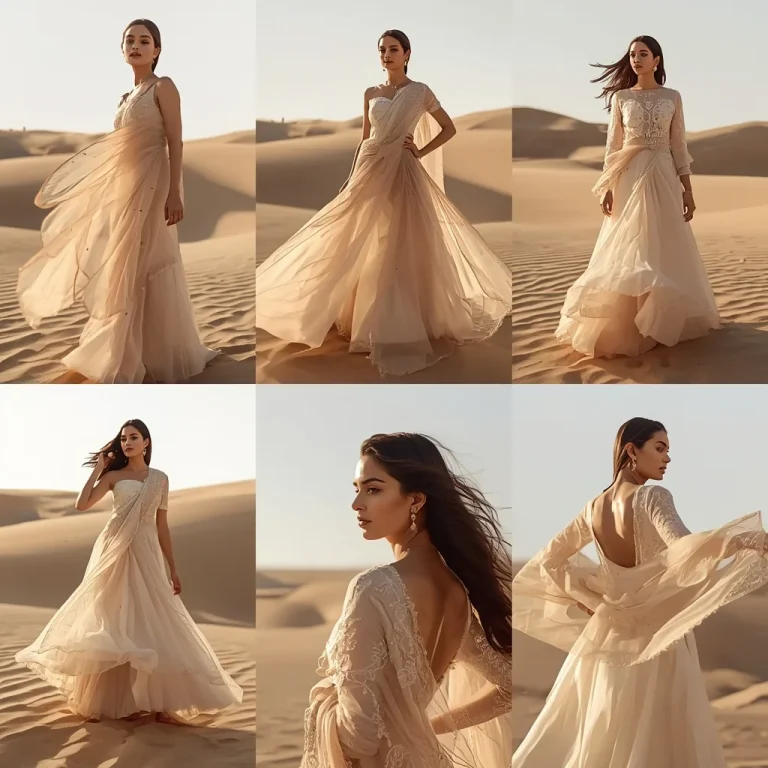 Breeze-Swept Dunes Collage with Flowing Fabrics and Golden Hour Light | prompt for Gemini AI girl in saree copy and paste