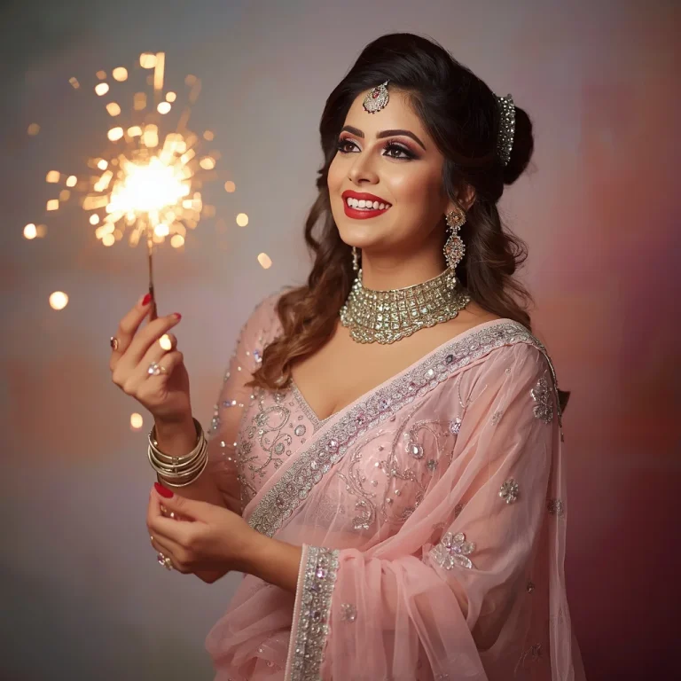 Festive Grandeur: Indian Woman in an Embellished Pastel Saree with Sparklers | Saree Pose Prompt
