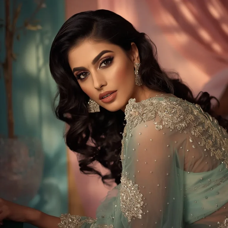 Glamorous Gaze: Indian Woman in an Embellished Pastel Saree for a High-End Shoot | Saree Photoshoot Prompt