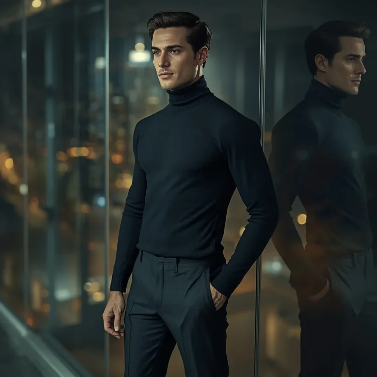 Man in a Fitted Turtleneck, Reflective Urban Setting | influencer ai prompt