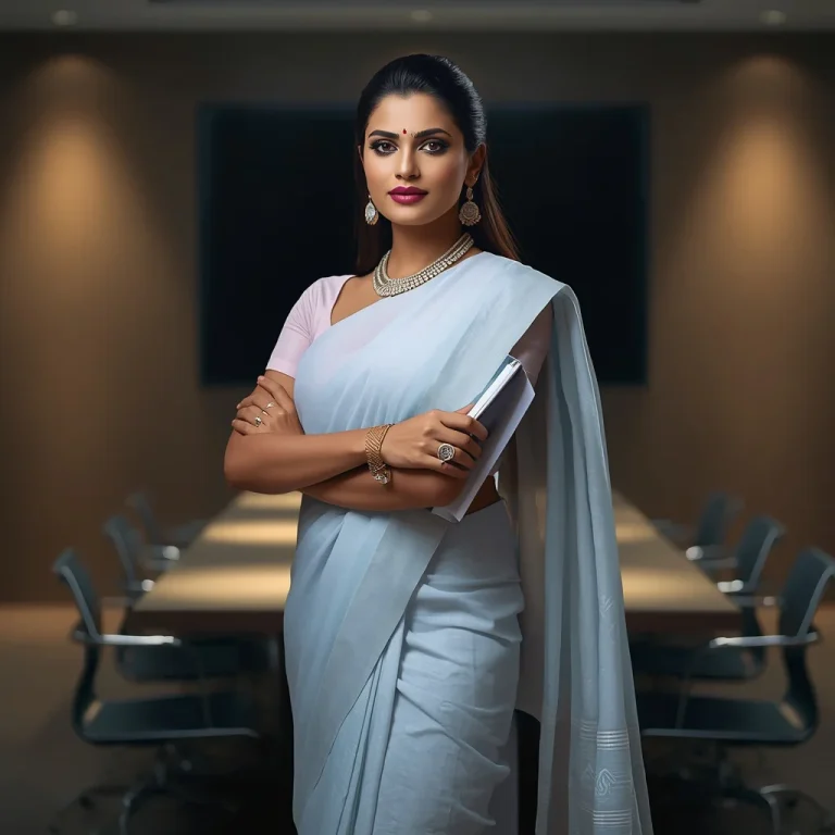 Professional Poise: Indian Woman in a Pastel Cotton Saree in a Conference Room | Saree Prompt Generator